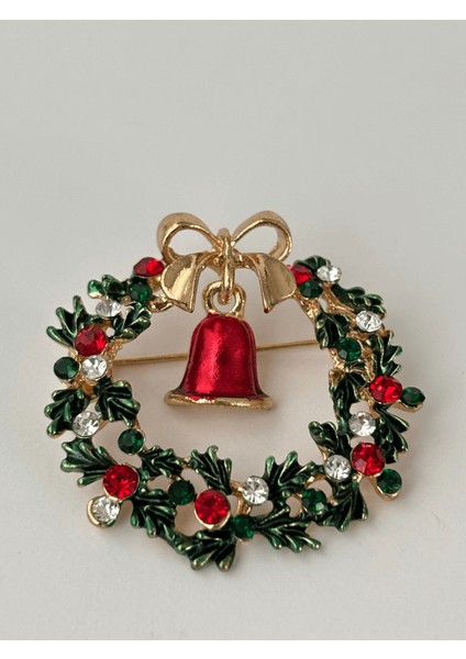 Kırmızı Zil Detaylı Parlak Taşlı Yıbaşı Çelenk Figürlü Gold Broş