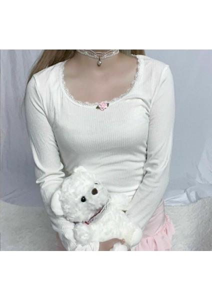 Önü Gül Detaylı Lolita Kaşkorse Uzun Kollu Princess Bluz