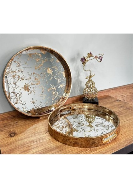 Eskitme Ahşap Kenarlı Aynalı Kelebek Desenli Ikili Çay Tepsisi