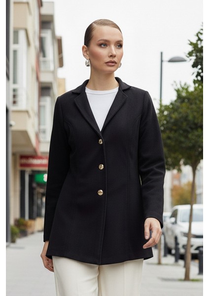 Tasarım Yaka Kaşe Şık Siyah Kaban