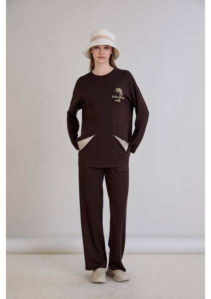 Kadın Cepleri Deri Garnili Baskılı Kahverengi Eşofman Takımı fiyatları