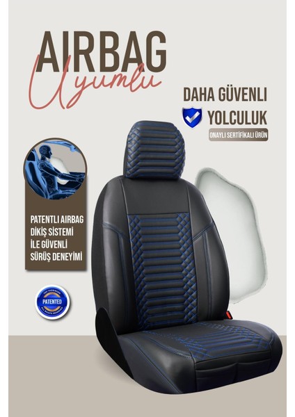 Opel Astra H Sedan Uyumlu Deri Oto Koltuk Kılıfı 5 Li Tam Set Revo Siyah-Mavi