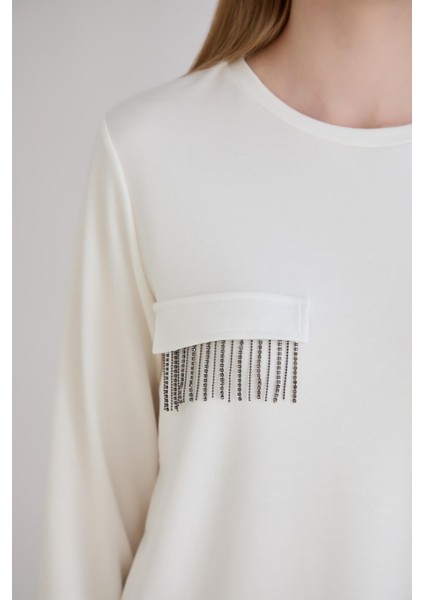 Cebi Taşlı Bisiklet Yaka Modal Penye Ekru