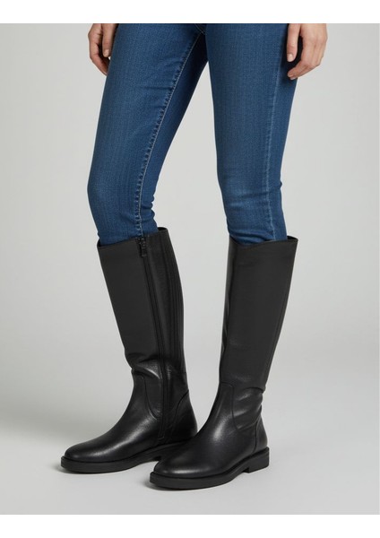 SV672 Hakiki Deri Arkadan Lastikli Siyah Kadın Çizme
