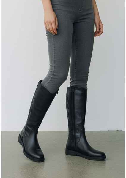 SV672 Hakiki Deri Arkadan Lastikli Siyah Kadın Çizme