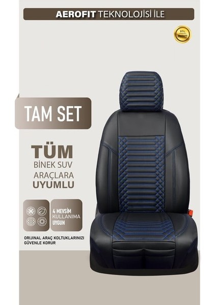 Jeep Compas Uyumlu Deri Oto Koltuk Kılıfı 5 Li Tam Set Revo Siyah-Mavi