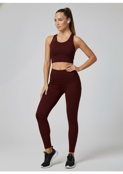 Kadın Fileli Cep Detay Karyoka Dikişli Bordo Renk Dalgıç Tayt