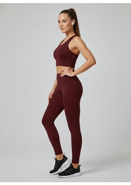 Kadın Fileli Cep Detay Karyoka Dikişli Bordo Renk Dalgıç Tayt
