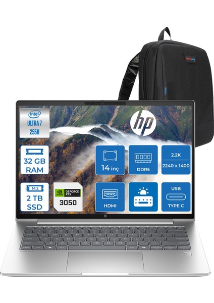 Probook 4 G1I Intel® Core Ultra 7 255H Aı 32GB Ddr5 2tb SSD 4GB/RTX3050 14" 2.2k (2240 x 1400) IPS 400 Nits 100% Srgb Freedos Taşınabilir Bilgisayar C9GS7ETF09+ZETTAÇANTA