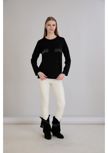 Cebi Taşlı Bisiklet Yaka Modal Penye Siyah