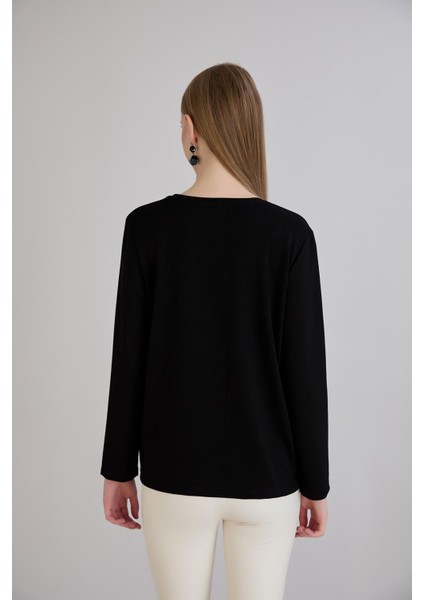 Cebi Taşlı Bisiklet Yaka Modal Penye Siyah