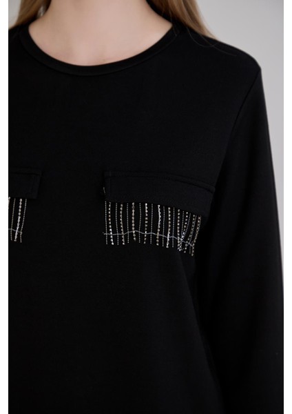 Cebi Taşlı Bisiklet Yaka Modal Penye Siyah