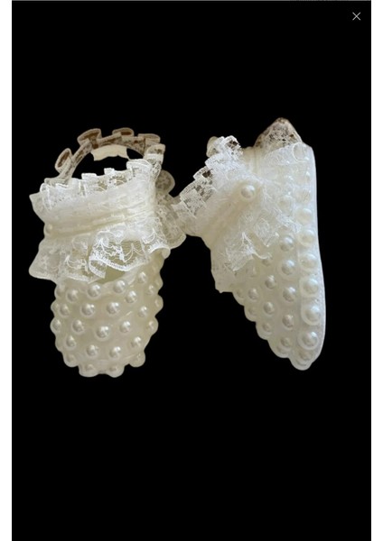 Bebek Incili Patik & Yeni Doğan Ekru Renkte Mevlit Patiği & Incili Dantelli Hediyelik Patik