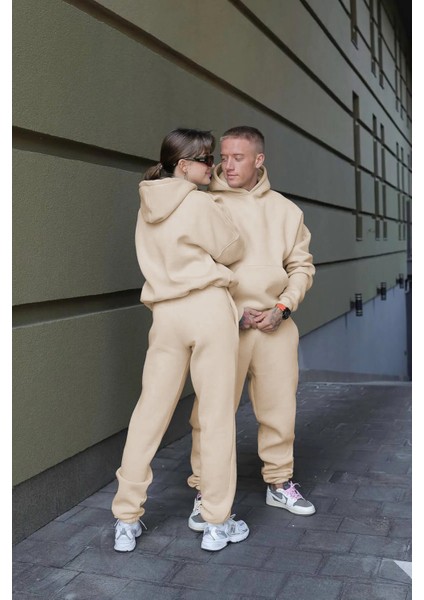 Kadın Erkek Çiftlere Özel 3 Iplik Kalın Oversize Kapüşonlu Eşofman Takımı – Tekli