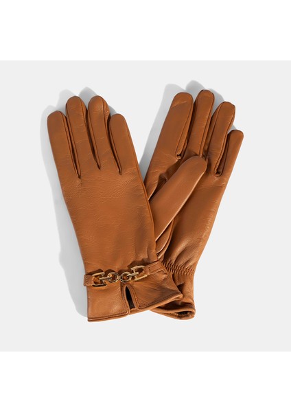 Kadın Taba Zincir Aksesuarlı Deri Eldiven