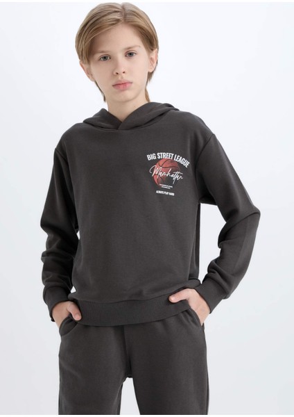 Erkek Çocuk 2'li Takım Kapüşonlu Baskılı Sweatshirt Beli Lastikli Eşofman Altı