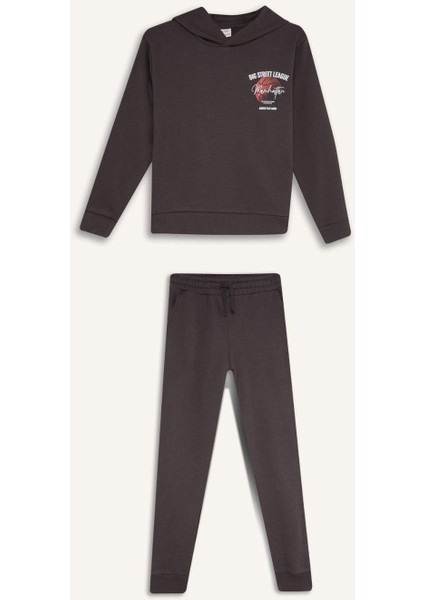 Erkek Çocuk 2'li Takım Kapüşonlu Baskılı Sweatshirt Beli Lastikli Eşofman Altı