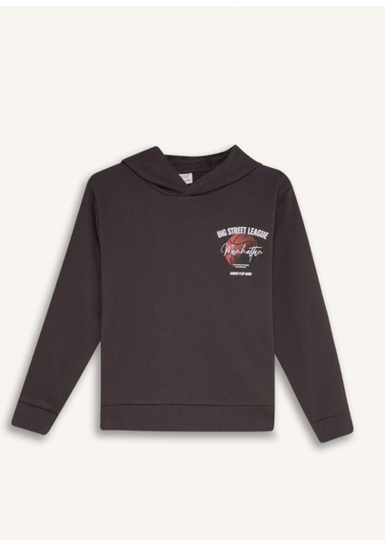 Erkek Çocuk 2'li Takım Kapüşonlu Baskılı Sweatshirt Beli Lastikli Eşofman Altı