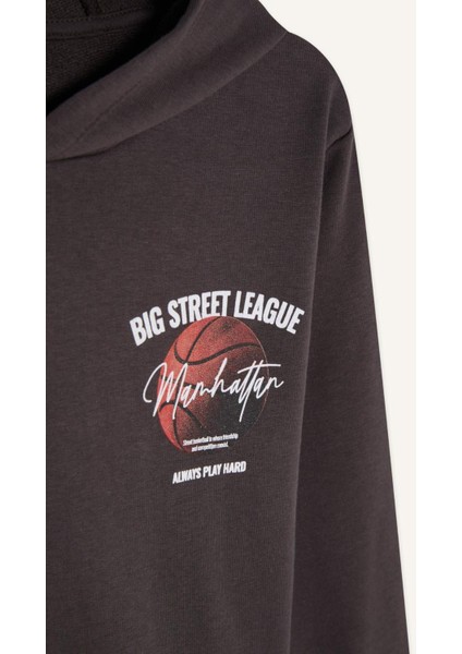 Erkek Çocuk 2'li Takım Kapüşonlu Baskılı Sweatshirt Beli Lastikli Eşofman Altı