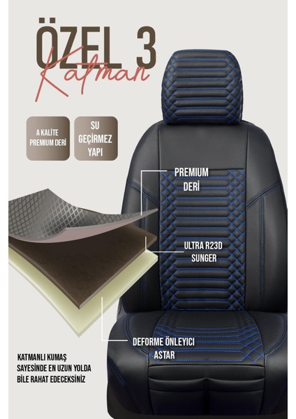 Opel Astra H Hb Uyumlu Deri Oto Koltuk Kılıfı 5 Li Tam Set Revo Siyah-Mavi modelleri