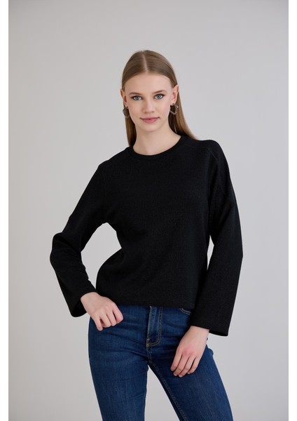 Günlük Kullanıma Uygun Geniş Yaka Regular Kalıp Simli Triko Siyah fiyatları