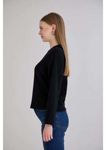 Günlük Kullanıma Uygun Geniş Yaka Regular Kalıp Simli Triko Siyah