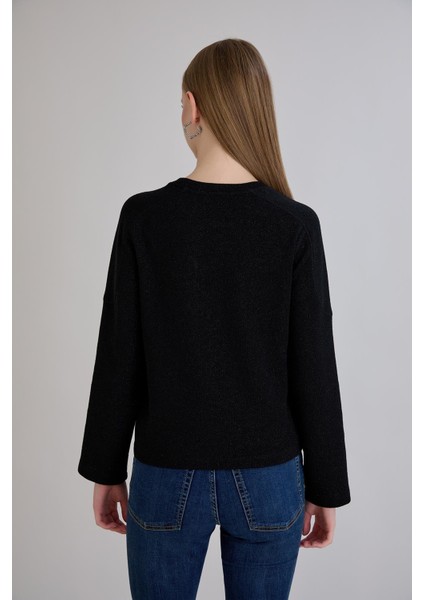 Günlük Kullanıma Uygun Geniş Yaka Regular Kalıp Simli Triko Siyah