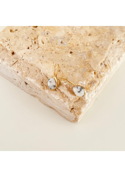 Dendritik Akik Damla Doğal Taş Küpe Beyaz