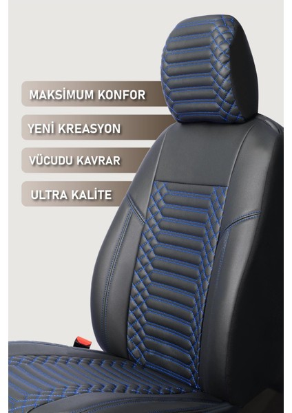 Ford Focus 4 Uyumlu Deri Oto Koltuk Kılıfı 5 Li Tam Set Revo Siyah-Mavi indirimleri