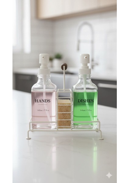 Modern Cam Ikili Sivi Sabunluk & Deterjanlik SETI-500 ml Cam Sabunluk, Metal Stand'li