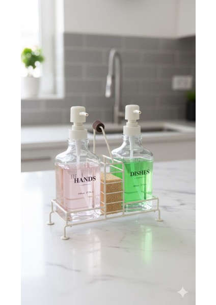 Modern Cam Ikili Sivi Sabunluk & Deterjanlik SETI-500 ml Cam Sabunluk, Metal Stand'li modelleri