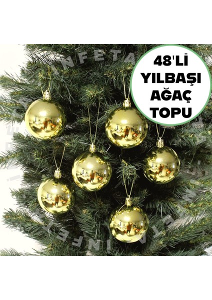 48 Adet Yılbaşı Çam Ağacı Topu Parlak Gold Çam Ağacı Süsü Parlak Süs Topları 6 cm