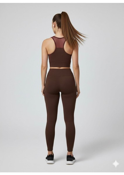 Kadın Fileli Cep Detay Karyoka Dikişli Kahverengi Dalgıç Tayt