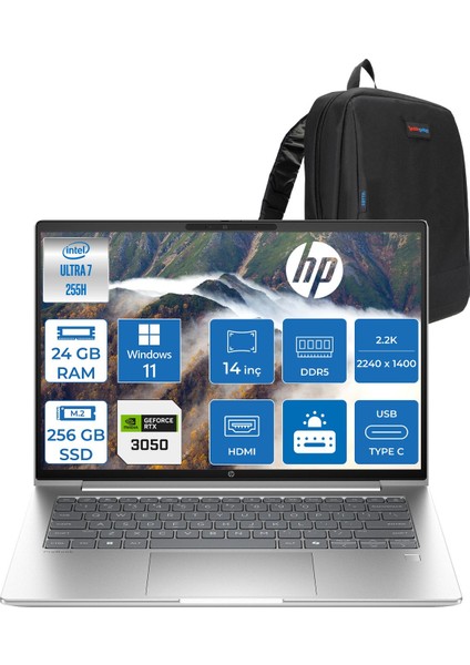 Probook 4 G1I Intel® Core Ultra 7 255H Aı 24GB Ddr5 256GB SSD 4GB/RTX3050 14" 2.2k (2240 x 1400) IPS 400 Nits 100% Srgb WIN11PRO Taşınabilir Bilgisayar C9GS7ETP01+ZETTAÇANTA