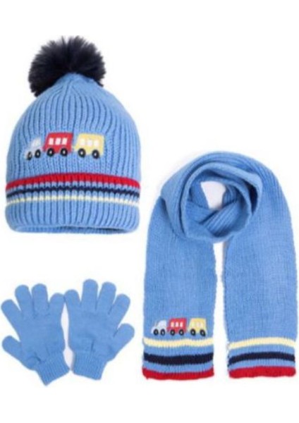 Içi Polarlı Tren Nakışlı Erkek Çocuk 3 Lü Atkı Bere Eldiven Takımı