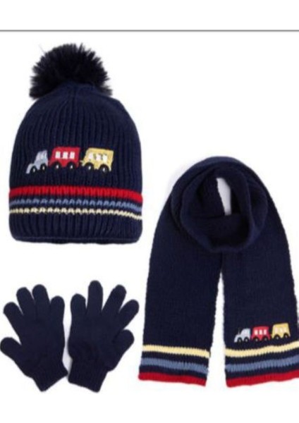 Içi Polarlı Tren Nakışlı Erkek Çocuk 3 Lü Atkı Bere Eldiven Takımı