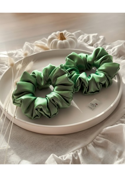 2'li Lüks Kadın Saten Toka - Pastel Fıstık - Lastik Model Scrunchie - Anne Kız Kombini