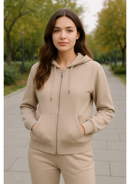 Kapüşonlu Önden Fermuarlı 3 Ip Şardonlu Sweat