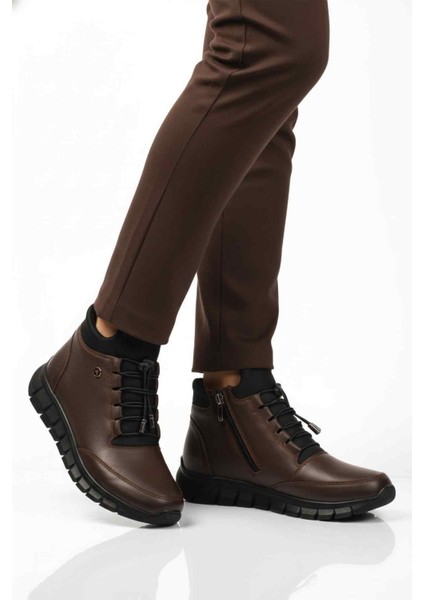 Kahve Hakiki Deri Içi Polarlı Kaymaz Fermuarlı Kadın Bot 3615 Z