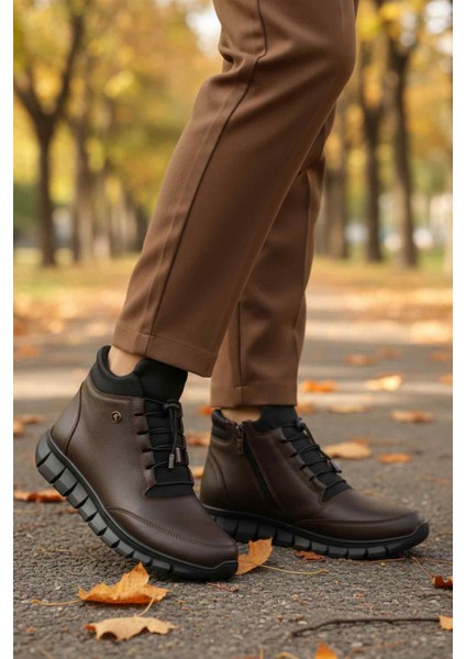 Kahve Hakiki Deri Içi Polarlı Kaymaz Fermuarlı Kadın Bot 3615 Z modelleri