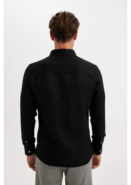 Slim Fit Dar Kesim Düğmeli Dokulu Düz Pamuk Karışımlı Uzun Kollu Beyaz Gömlek