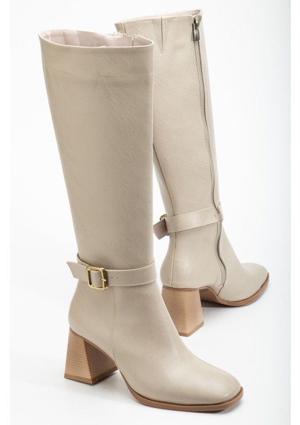 Kadın Bej Cilt Küt Burun Diz Altı Topuklu Çizme fiyatları