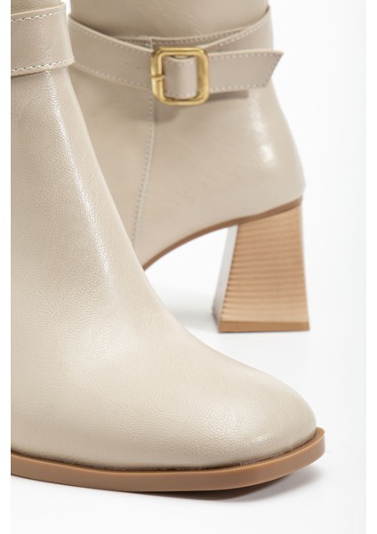 Kadın Bej Cilt Küt Burun Diz Altı Topuklu Çizme modelleri