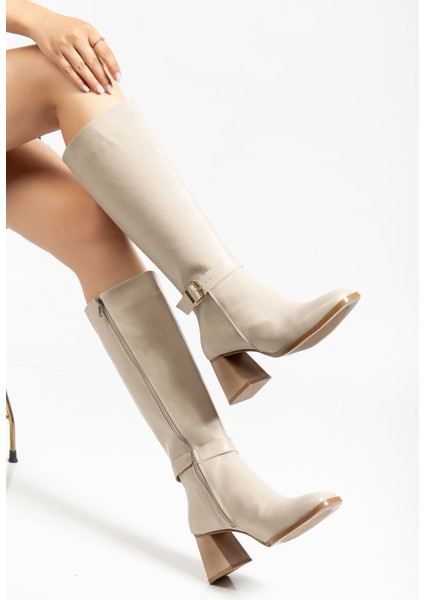 Kadın Bej Cilt Küt Burun Diz Altı Topuklu Çizme fırsatları
