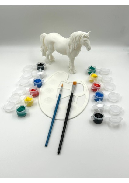 3D Boyanabilir Beyaz At Figürü Seti – 6 Renk (2’şer Adet), 2 Fırça ve Paletli Boyama Aktivite Seti
