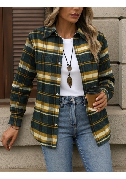Kadın Uzun Kollu Kare Desenli Önden Düğmeli Dokuma Gömlek modelleri