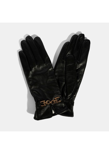 Kadın Siyah Zincir Aksesuarlı Deri Eldiven