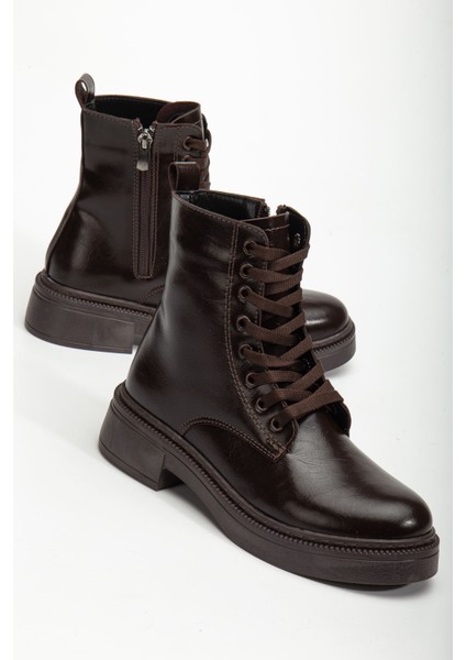 Kadın Parlak Günlük Kahverengi Cilt Kalın Tabanlı Postal Bot fiyatları