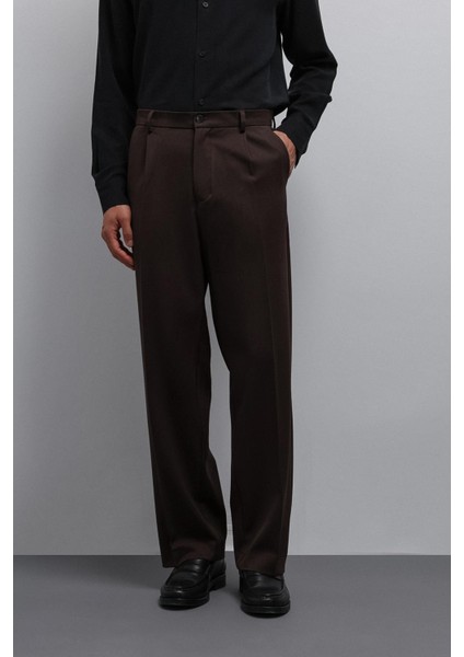 Koyu Kahve Relax Fit Baggy Pilili Erkek Pantolon