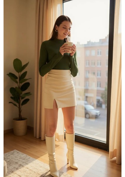 Kadın Haki Yeşili Parmak Detaylı Esnek Uzun Kollu Body fiyatları